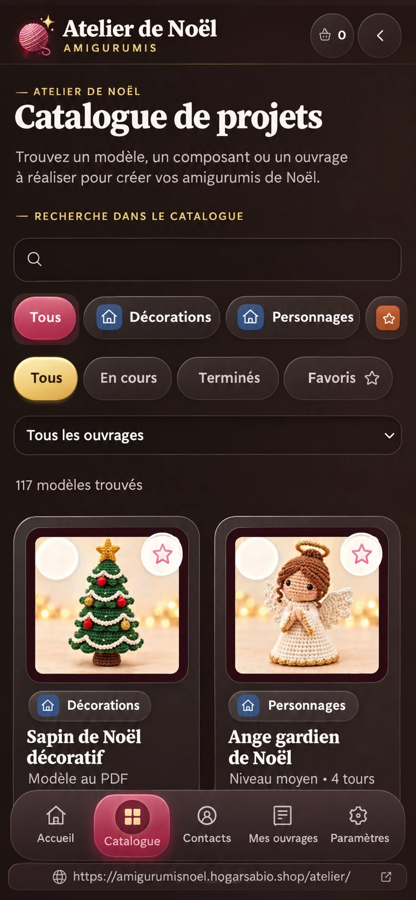 Application Atelier de Noël : le catalogue ouvert avec photos de modèles d'amigurumi, catégories et recherche