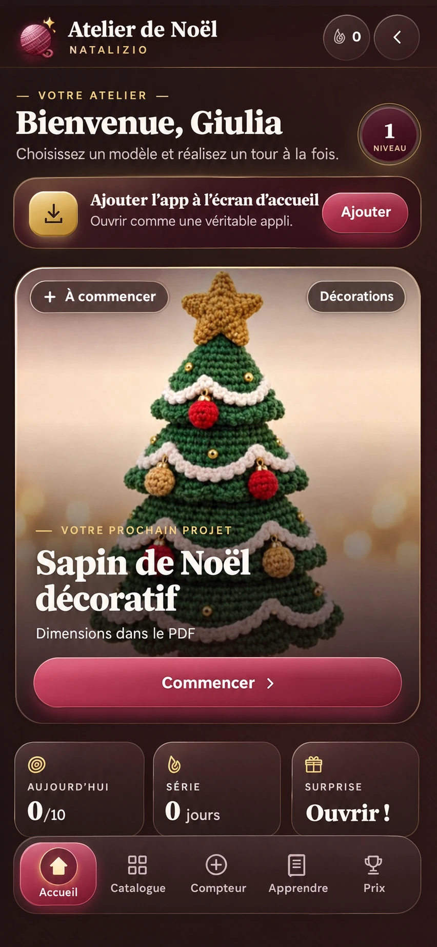 Application Atelier de Noël : la maison avec le prochain projet amigurumi