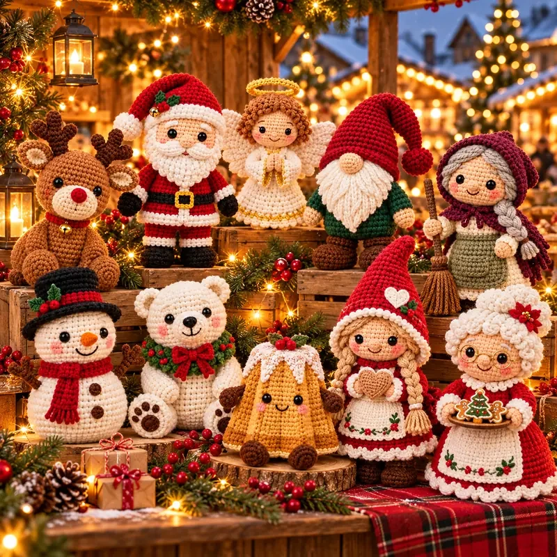 Stand d'un marché de Noël avec amigurumi de Noël : Père Noël, Befana, gnomes, ange, renne et pandoro