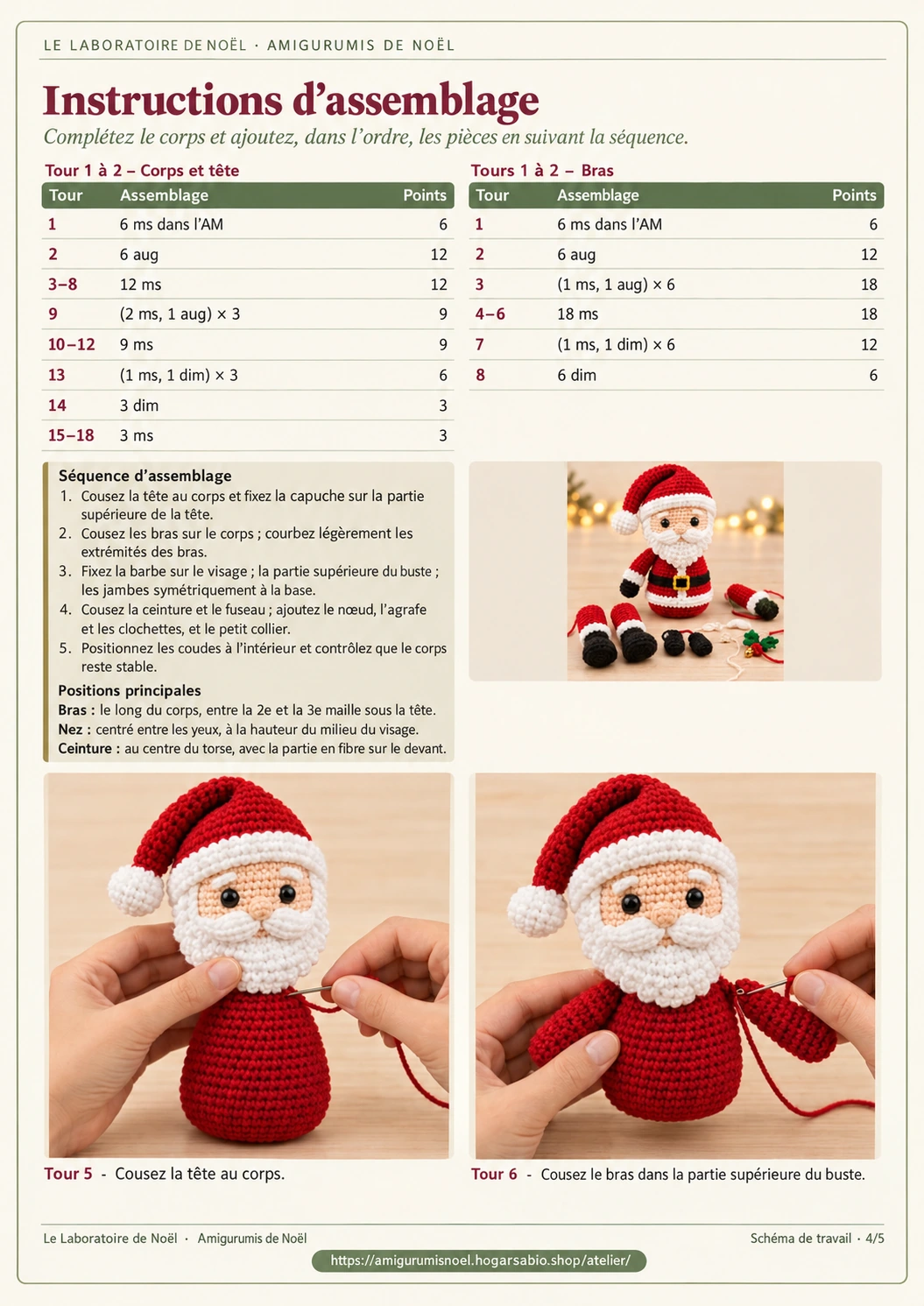 Page 4 du PDF du Père Noël : jambes, gants et assemblage avec photos des étapes 5 et 6