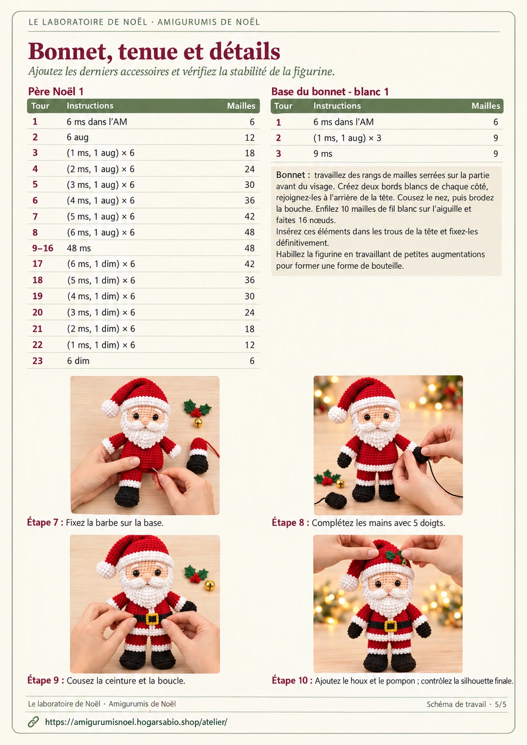 Page 5 du PDF du Père Noël : chapeau et détails avec photos des étapes 7, 8, 9 et 10
